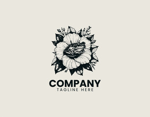 Fototapeta premium Frog illustration resting inside hibiscus flower presents calm botanical tattoo style artwork