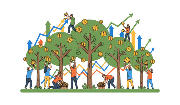 Business growth and wealth money tree concept vector illustration isolated on transparent background