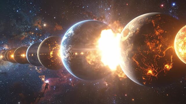 Cosmic collision of planets in a row, creating a spectacular celestial event.