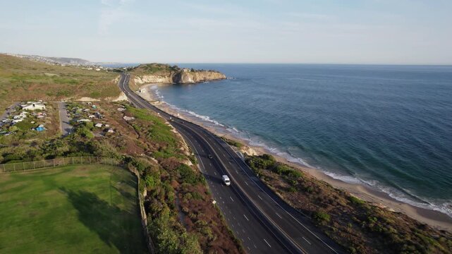 Laguna Beach, California, USA - Aerial View of the PCH, Pacific Coast Highway and the Pacific Ocean on beautiful sunny afternoon