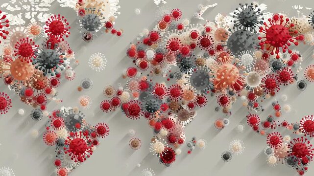 Global infectious outbreak coverage illustration, abstract world map shapes merged with virus visuals, neutral color palette, clean modern news design, informative and professional tone