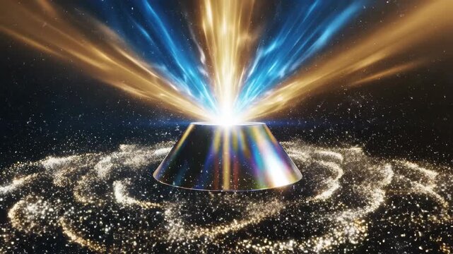 Stylized metallic cone shape projecting intense pulsating light beams and kinetic particles representing mass promotion and outreach dynamic motion, modern design, action