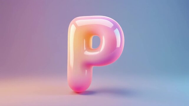 A glossy 3D letter P with a soft pink and purple gradient on a pastel background