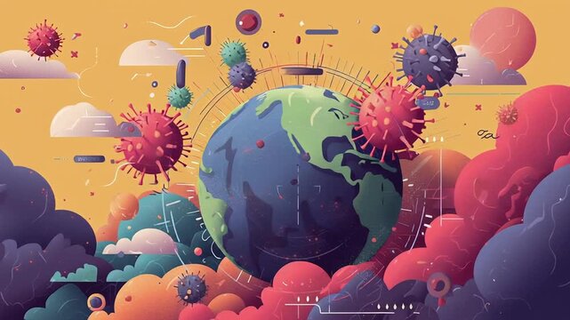 Global infectious risk illustration, abstract planet form surrounded by virus elements and monitoring indicators, calm yet urgent mood, editorial science visualization style, suitable for commercial 