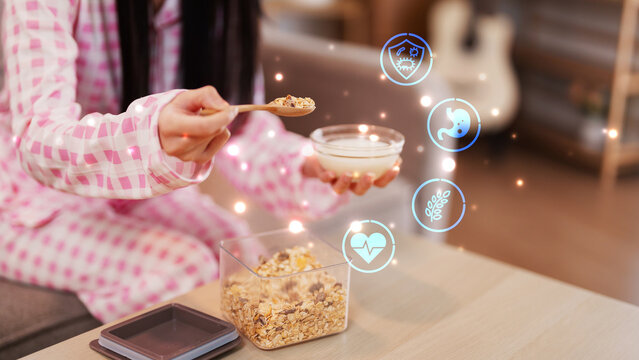 Healthy breakfast with granola and milk supports gut health digestion and immunity with nutrition icons for a wellness lifestyle nutrition probiotics wellness