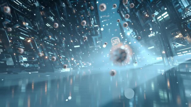 Health crisis concept illustration, abstract virus particles overwhelming public health systems, symbolic medical infrastructure under stress, controlled dramatic lighting, realistic scientific detail