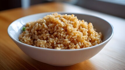 A close up shot of a white bowl filled with appetizing warm brown rice presented on a wooden table showcasing its texture and wholesome appearance