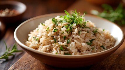 A rustic bowl of brown rice generously garnished with fresh green herbs presented on a wooden surface