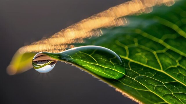 Macro view of water droplet resting on green leaf vein with golden sunlight bokeh
