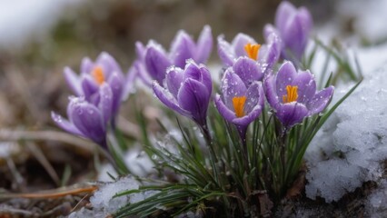 Purple crocus flowers with water droplets on snowy bed, serene closeup nature photography with blurred rocky background.