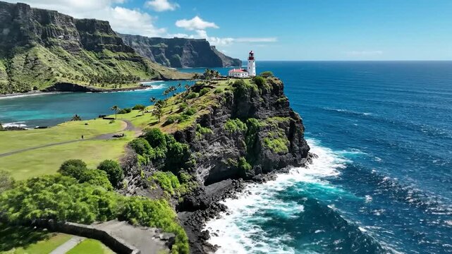Scenic view of two lighthouses on a rocky coastline with ocean waves and lush, green cliffs