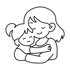 Obraz premium Simple line art illustration of a mother embracing her child with love and affection, both smiling happily with closed eyes.