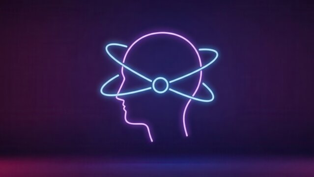 Vibrant neon human head with atomic orbits representing mind power and innovative thinking concepts