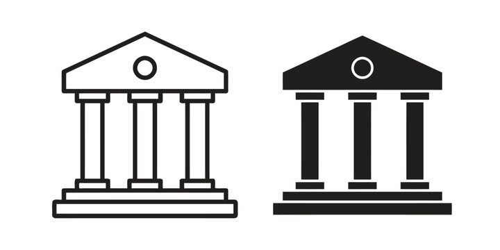 Bank building outline and glyph icons collection featuring classic architecture with columns and triangle pediment representing financial institutions government offices museums or court buildings