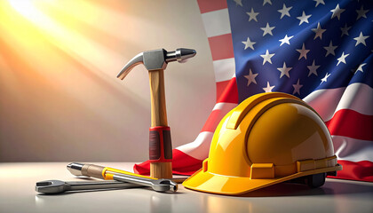 American Construction Tools With Yellow Hard Hat In Front Of Flag For Industrial Work.