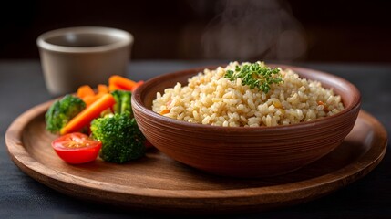 Obraz premium Steaming brown rice with a side of fresh steamed vegetables and herbs on a wooden plate