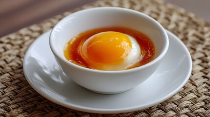 A perfectly cooked soft boiled egg with a vibrant runny yolk sits in a white bowl on a textured mat
