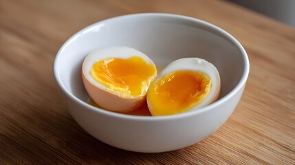Two halves of a soft boiled egg with a runny golden yolk served in a white bowl on a wooden surface ready for breakfast