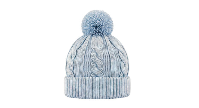 Light Blue Cable Knit Beanie with Pom Pom