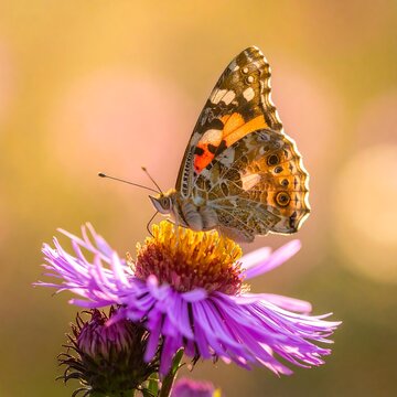 Butterfly on flower. Golden hour light illuminates the insect and aster, creating a soft, dreamy effect