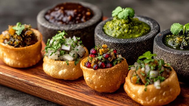 Assorted Indian Pani Puri Shots with Different Flavors and Spicy Chutneys on a Wooden Platter for Snack and Street Food Presentation