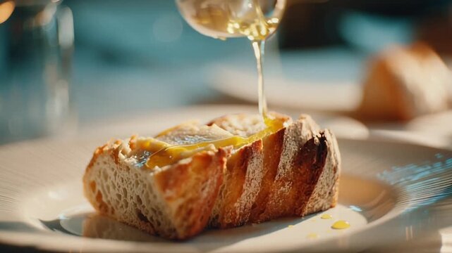 Luxury fine dining experience with olive oil being poured over toasted bread on a white plate in a sophisticated setting