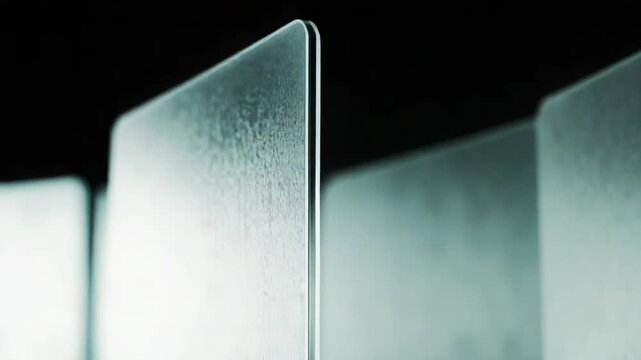 Glass panel in a shower enclosure displaying heavy condensation and water droplets, creating a misty and humid appearance indicative of a steamy environment