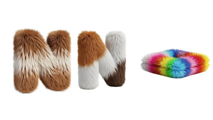 Artistic representation of letter "N" and a vibrant circular design, crafted from textured fluffy materials, isolated on black