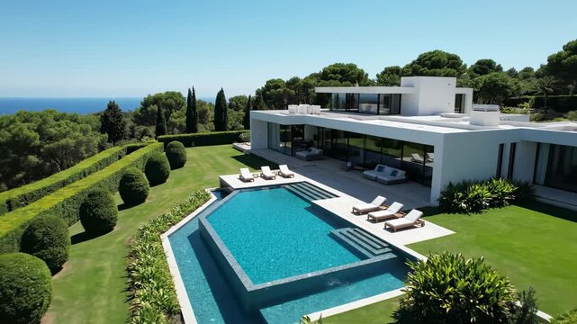 Sweeping aerial drone shot gliding smoothly above a luxurious geometric infinity pool and modernist white villa surrounded by pristine green landscaping wealth, summer, hotel