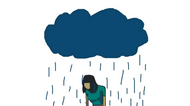 An emotional animation depicting apathy, depression, stress, sadness, loss, despair, and similar feelings, depicted in the form of a cloud with rain. The rain pours down on a hunched, standing woman.