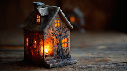 Obraz premium A charming miniature house with lit windows, emanating a warm, inviting glow