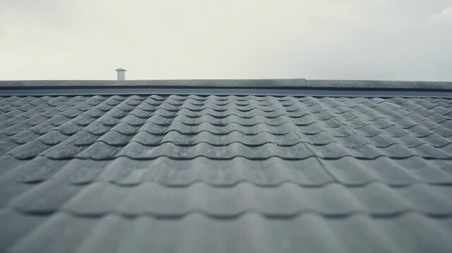 Building rooftop featuring distinct dark grey scalloped tiles, creating a rich pattern and texture, viewed against a vast, soft overcast sky with a small chimney on the horizon line