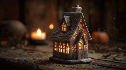 Obraz premium A quaint miniature house illuminated by soft light, casting a warm and inviting glow. A serene, cozy atmosphere, perfect for evoking a sense of calm and nostalgia.
