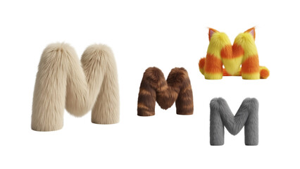 Five letter M shapes, each with a different fuzzy texture and color