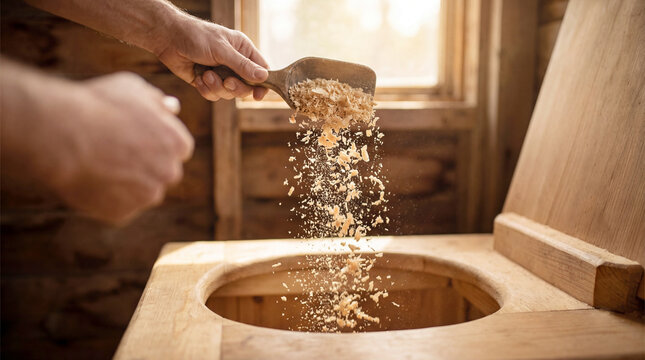 Hand pouring wood shavings from wooden scoop into minimalist compost toilet. Fresh wood shavings falling into wooden toilet bowl, tiny house promoting sustainable living.