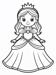 Sweet cartoon princess outline drawing with a crown and gown, vector art