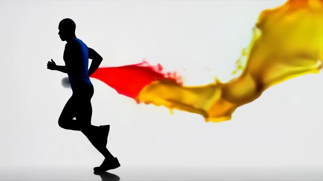 A silhouette of a runner with a trail of colorful paint against a white background