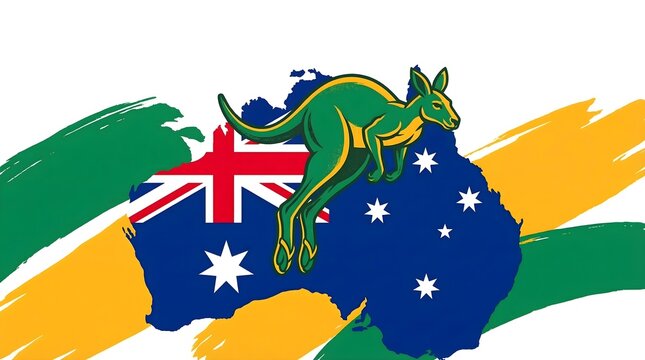 Vibrant australian flag with kangaroo on map background with national and symbol and icon and emblem and patriotism and green and yellow and blue