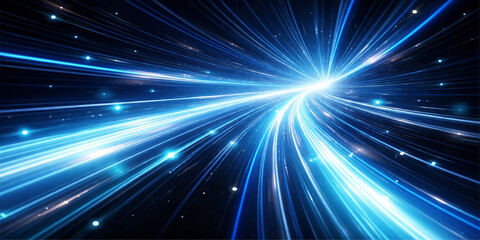 Fototapeta premium A vibrant abstract blue background features a bright energy burst of glowing stars and laser rays exploding across a shiny cosmos design with a light speed flash of galaxy colors