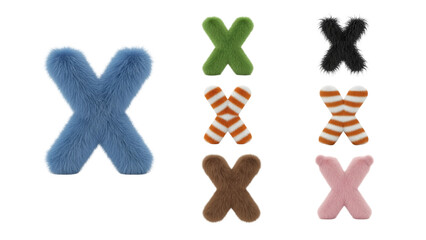 Several fluffy, colorful letter "X" shapes arranged on a black background, with differing textures and designs