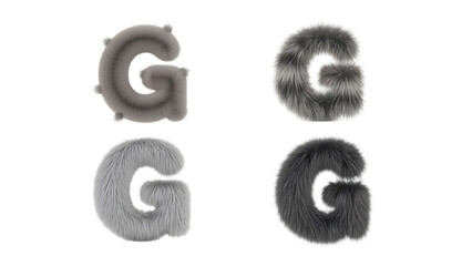 Four stylized letter "G" designs, rendered with varying fur textures and shades of gray against a black background