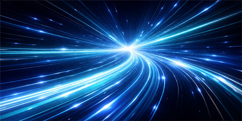 Obraz premium An abstract blue space background features a bright energy burst with glowing stars, laser lights, and a sparkling disco flare explosion across the night sky illustration