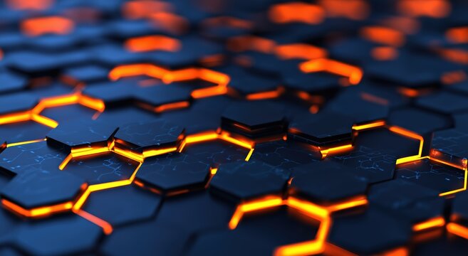 Abstract digital pattern showing dark hexagons with cracks glowing orange, creating a dynamic futuristic background