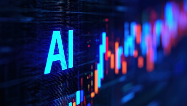 AI (artificial intelligence) on digital screen displaying financial stock market data, representing digital economy and tech trading