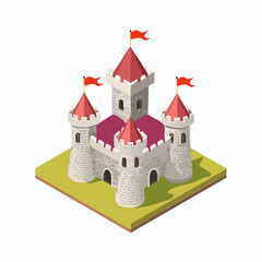 Fototapeta premium Château fort médiéval, en pierres, avec tours et drapeau, 3D isométrique