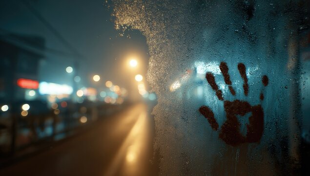 Red handprint on steamy window of car at night, city lights blurred background