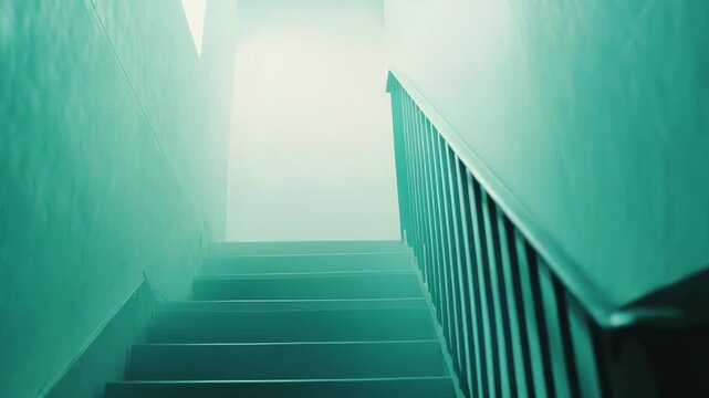 Staircase illuminated by a strong, ethereal light at the top, creating a dramatic contrast between rising steps and deep shadows, symbolizing ascent, hope, and an unknown path