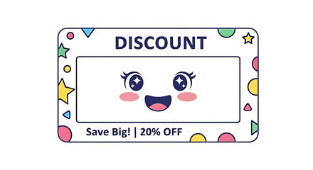 Cute discount coupon design with kawaii smiley face and colorful geometric shapes for retail sales and shopping promotions offering twenty percent off for customers and shoppers and online markets