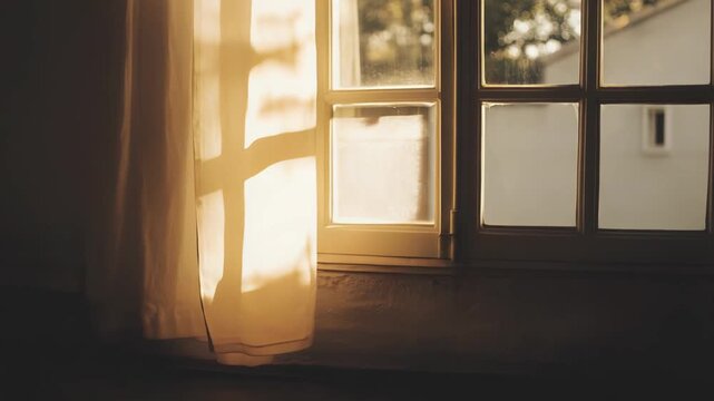 Warm morning sunlight illuminating an empty room, casting long dramatic shadows from the window frame and curtain onto the rustic wooden floor, creating a peaceful and serene atmosphere