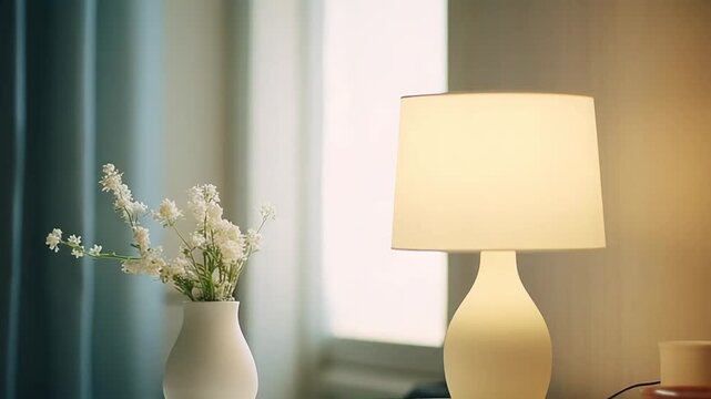 Minimalist interior setting displaying fresh white flowers in a vase paired with a table lamp illuminating the room, creating an inviting and tranquil atmosphere